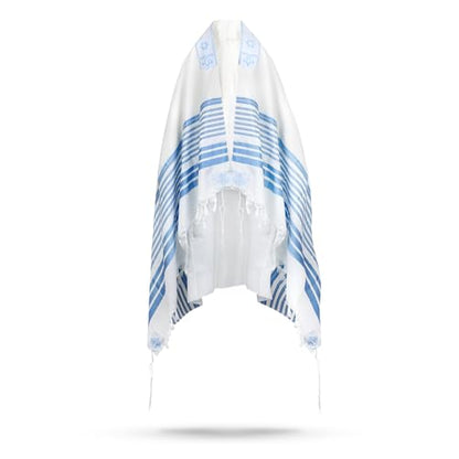 Full Size Tallit Prayer Shawl, Hand-Tied Tzitzit in Israel by a Jewish Craftsman, Blessing On Neckband - color: Sky Blue & Silver, size: Size 55 - 72 x 52 Inch