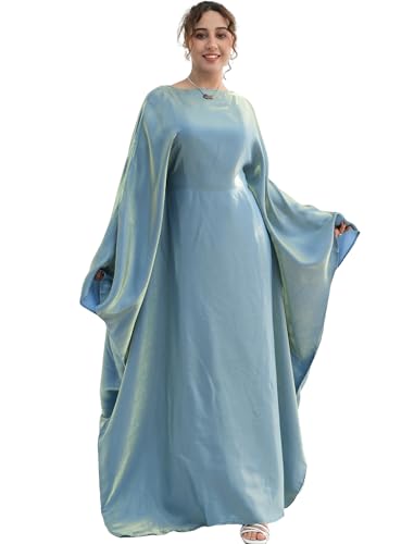 Dubai Bat Sleeve Dress Shiny Robe for Women Muslim 1pc Abaya Eid Prayer Clothes Soft Dubai Travel Party Dress Maxi Abaya - color: Greena, size: Large