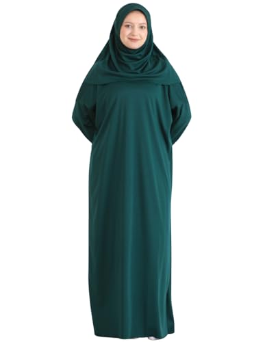 Women Prayer Clothes with Hijab Muslim Outfits Long Robe Abaya Turkish Islamic Dresses Dubai Kaftan with Rosary - color: Emerald