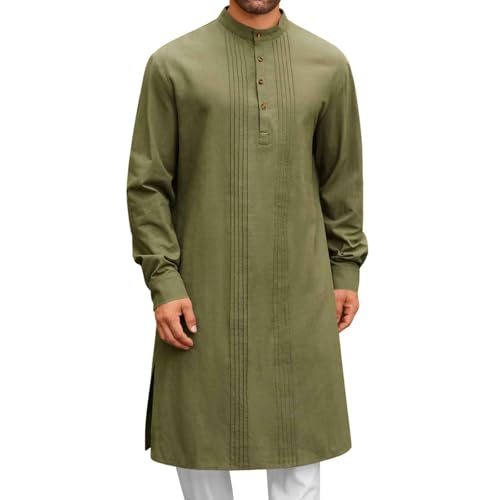 Men's Long Sleeve Stand Collar Kaftan Thobe Button Down Henley Robe Casual Side Slit Front Pleated Gown Shirt Tops - color: Army Green, size: Large