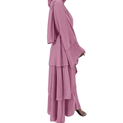 Muslim Chiffon Abaya for Women Open Front Cardigan Modest Dress with Hijab Scarf Middle East Arabian Robe Islamic Long Dress - color: Rose Pink, size: Large