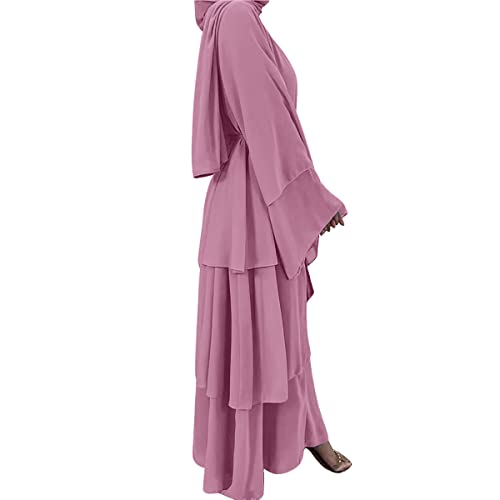 Muslim Chiffon Abaya for Women Open Front Cardigan Modest Dress with Hijab Scarf Middle East Arabian Robe Islamic Long Dress - color: Rose Pink, size: Medium