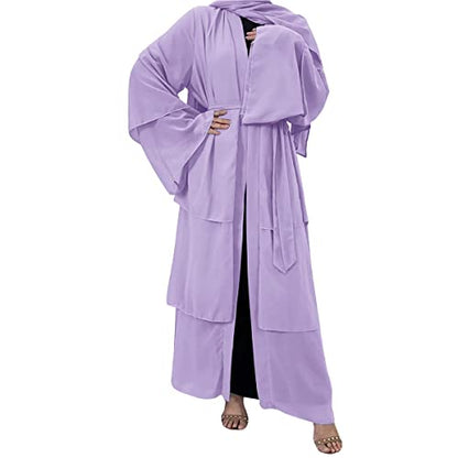 Muslim Chiffon Abaya for Women Open Front Cardigan Modest Dress with Hijab Scarf Middle East Arabian Robe Islamic Long Dress - color: Light Purple, size: Large