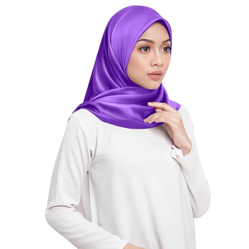 Elegant Satin Jersey Muslim Hijab Scarf Square Soft Head Wrap Scarves Shawl for Women Girls - color: Bright Purple(90*90cm)