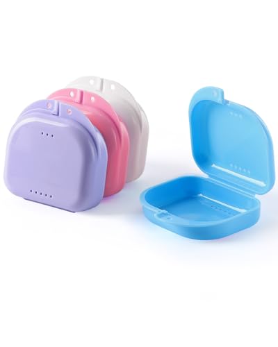 JMU Retainer Case with Vent Holes, 4 Pcs Orthodontic Mouth Guard Cases | Dental Storage Container, Denture Case Travel Box for Aligner with Snap Lock - color: Blue/White/Purple/Pink