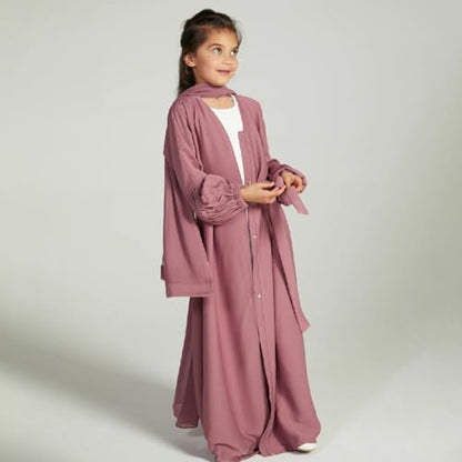 Kids Girls Muslim Abaya Long Sleeve Snap Front Maxi Dress with Belt Robe Kimono Dubai Hijab Dress - color: Dark Pink B, size: 9-10 Years