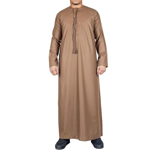 Men's Thobe Emirati Omani Jubba Islamic Clothing Muslim Kaftan Eid Robe Arab String Tassel - color: Bronze Regular, size: 58