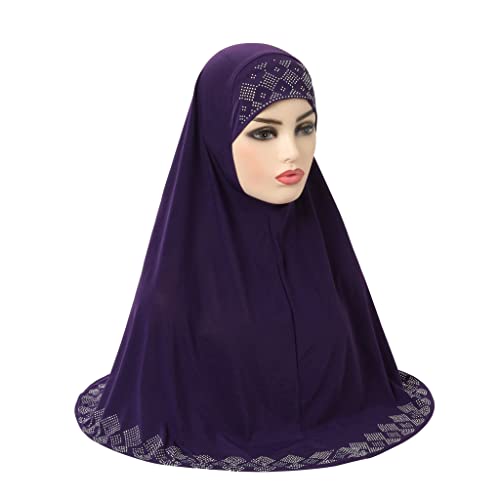 ZGMYC Women Shiny Rhinestones Muslim Hijab Elegant Long Turban Cap Head Wrap Scarf - color: Purple