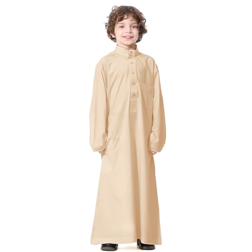 FYMNSI Arabic Thobe For Muslim Boys Robes Long Sleeve Kaftan With Pockets Solid Color Middle East Abayas Dubai Clothing 4-14T - color: Beige, size: 13-14T