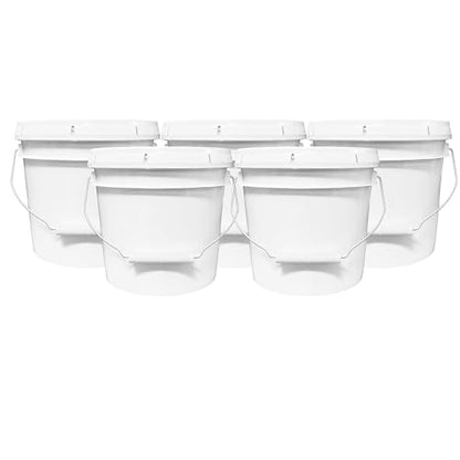 MKS Plastics 1-Gallon Bucket with Airtight Lid – Made in USA, Food Grade BPA Free Plastic, Heavy Duty Multi-Use, Metal Handle with Grip, Stackable Storage – White, 5 Pack - color: White, size: 5