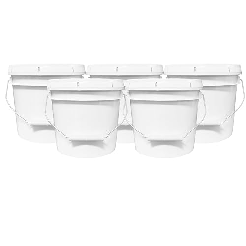1-Gallon Bucket with Airtight Lid – Made in USA, Food Grade BPA Free Plastic, Heavy Duty Multi-Use, Metal Handle with Grip, Stackable Storage – White, 5 Pack - color: White, size: 5