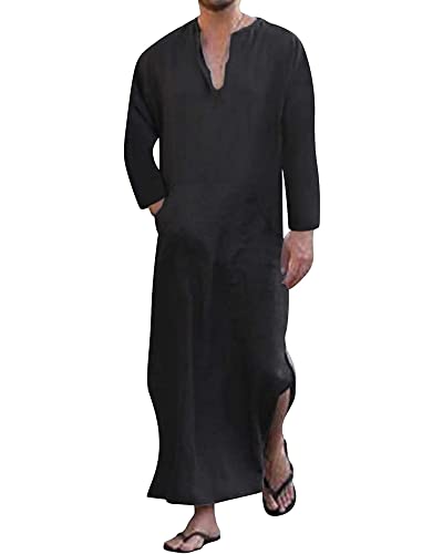 YAOHUOLE Men's Kaftan Thobe Long Sleeve Men Thobe Robe Side Split Men Thobe with Pockets Casual Thobe - color: Black-long Sleeve, size: X-Large