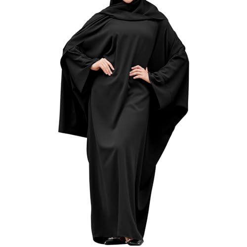 IDOPIP Abayas for Women Muslim Dress with Hijab, One-Piece Long Sleeve Islamic Prayer Dress with Khimar Jilbab Kaftan Clothes - color: Black (1pc Dress Only)