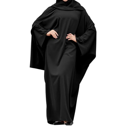 IDOPIP Abayas for Women Muslim Dress with Hijab, One-Piece Long Sleeve Islamic Prayer Dress with Khimar Jilbab Kaftan Clothes - color: Black (1pc Dress Only)