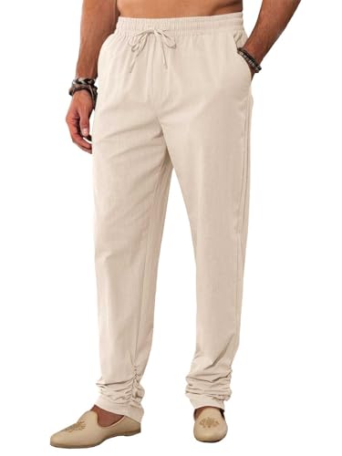 Runcati Mens Kaftan Thobe Pants Cotton Casual Elastic Waist Drawstring Muslim Trousers Summer Yoga Kurta Pants with Pockets - color: Beige, size: X-Large