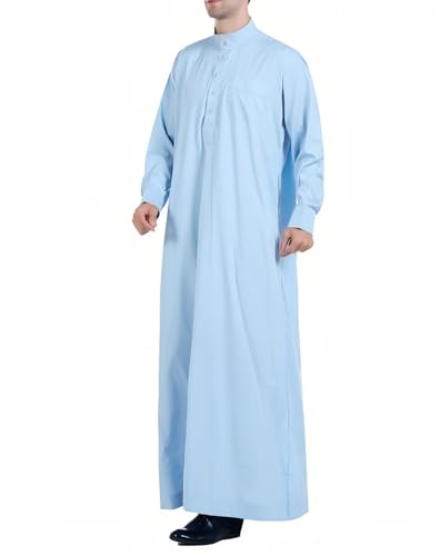 Men's Light Blue Thobe Long Sleeve Jalabiya Mandarin Collar Loose Fit Modest - size: Medium