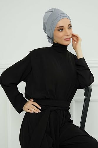 Aisha's Design Instant Turban Head Wraps for Women, Combed Cotton Scarf Lightweight Pre tied Hijab with Back Rose Detail - color: Grey