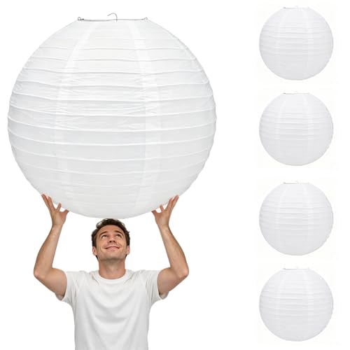 5pcs White Paper Lanterns Party Decorations, 20in Large Chinese Round Paper Hanging Decorations Lanterns Jumbo Lamps for Home, Parties, and Weddings - color: 20in white