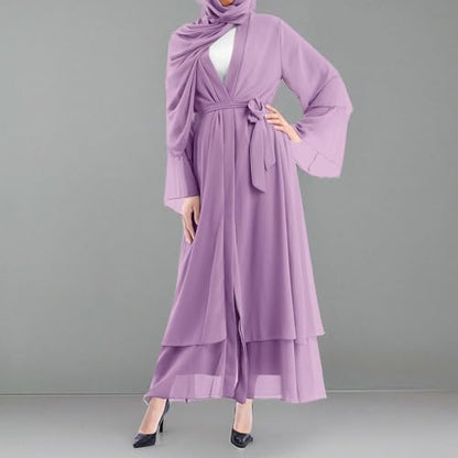 IWEMEK Women Chiffon Muslim Dress Middle East Arabian Robe Islamic Open Front Abaya Long Sleeve Flowy Maxi Cardigan Dress - color: Purple, size: Large