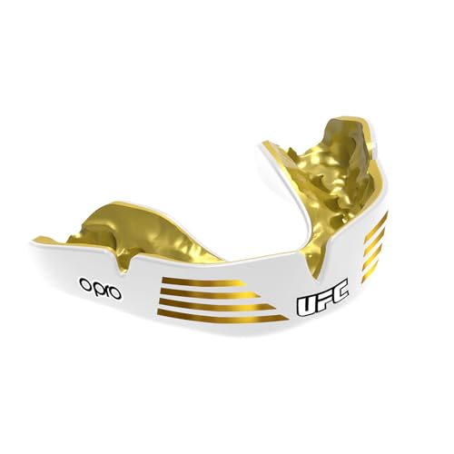 OPRO Instant Custom-Fit Mouth Guard, Dentist-Level Comfort, Protection & Fit - Moldable Mouthguard for Football, Boxing, Rugby, MMA, BJJ, UFC Mouth Piece- Includes Mouth Guard Case (UFC White, Adult) - color: Ufc Strike - Gold/White