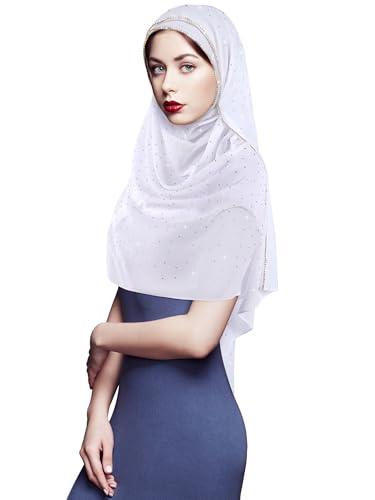 Geyoga Hijab Scarf for Women Soft Chiffon Rhinestone Long Scarf Shawl Fashion Muslim Hijab Head Wrap Scarves - color: White