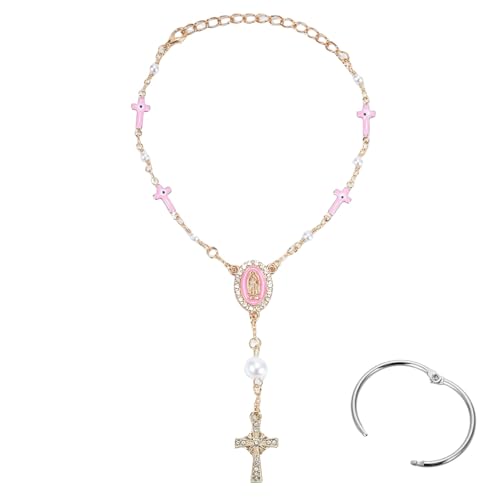 Car Rosary For Rearview Mirror, Evil Eye Auto Rosary Beads Car Medal And Cross Hanging Accessories For Mirror Interior Decors For Women Men (Cross-Pink) - color: Pink