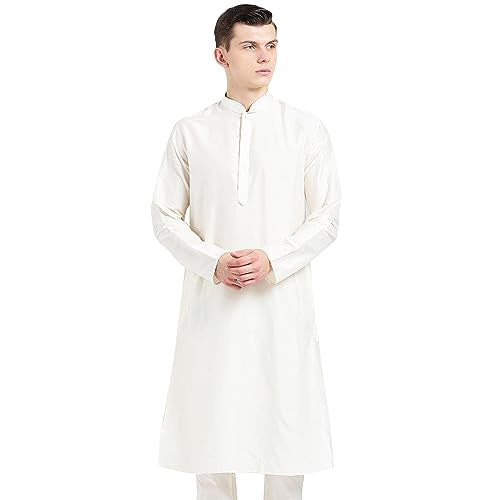 KISAH Men's Kurta - Solid - Indian Wedding Outfit for Men - Ideal for Weddings and Festivals - color: White, size: 38-39