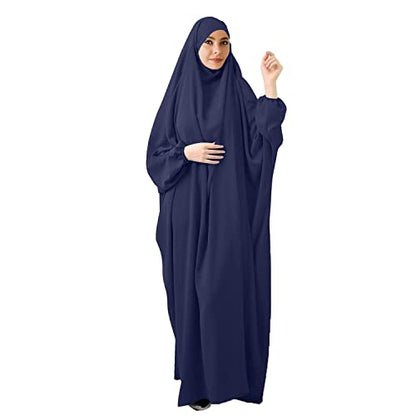 FPOVFPO Womens One-Piece Solid Abaya Muslim Prayer Dress Islamic Maxi Kaftan with Hijab Dubai Full Length Dress - color: Navy