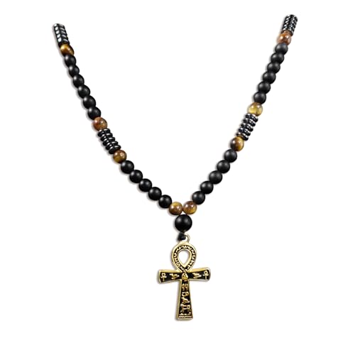 Ankh Cross Pendant Ancient Egyptian Hieroglyphic Symbol of Health and Eternal Life Men Cross Necklace with Tiger Eye Stone Obsidian Hematite Triple Protection Crystal Beads Chain - color: Black-Gold