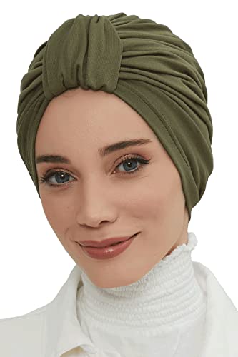Aisha's Design Instant Turban Plain Cotton Scarf Head Wrap Lightweight Hat Bonnet Cap for Women - color: Khaki