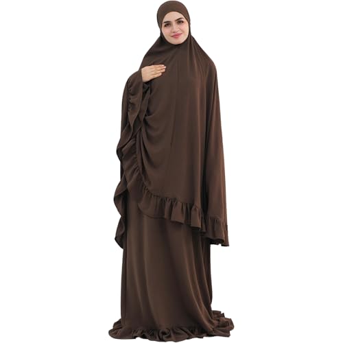 2PCS Abayas for Women Muslim Dress Ruffled Hem Modest Prayer Robe Full Coverage Modest Jilbab Set - color: Coffee, size: Medium