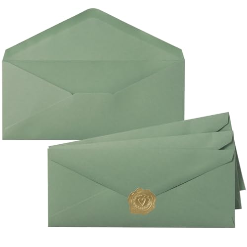 50 Pack Sage Green #10 Business Envelopes with Stickers, 4.13 x 9.49 Inches | Standard Envelopes V Flap, For Office, Business Letter, Letter Mailing - color: Sage Green
