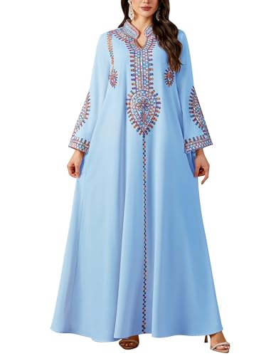 ABEWIP Muslim Dresses for Women Ramadan Kimono Long Sleeve Embroidered Islamic Prayer Dress Turkey Dubai Eid Abaya Kaftan - color: Blue, size: Medium