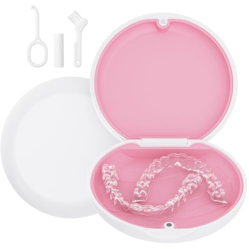 Retainer Case, Compatible with Invisalign, Cute Orthodontic Slim Aligner Case with Removal Tool and Brush, White & Pink - color: White & Pink