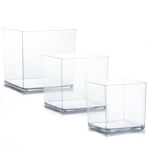 Acrylic Cube Vases Set of 3, Clear Square Vases, Shatterproof Flower Vase Decorative Centerpiece for Home, Wedding, 4”+5”+6”