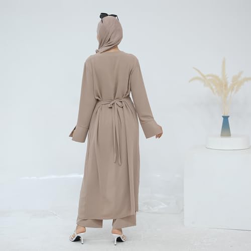 IDOPIP Muslim Women 2-Piece Set Long Sleeve Ramadan Islamic Abaya Dress Shirt with Pants Loose Fit Casual Dubai Prayer Outfit - color: Light Khaki, size: X-Large-XX-Large