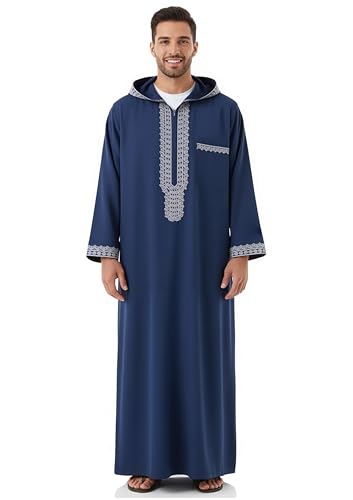 Men's Hooded Thobe - Traditional Embroidered Muslim Islamic Kaftan, Half-Zip Middle Eastern Arabic Robe - color: Blue, size: Small