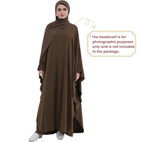 2PCS Women's Muslim Abaya Dress Lace Cuffs Islamic Dubai Prayer Robe Smooth Flowy Muslim Women Clothes - color: Coffee, size: Medium
