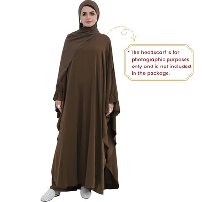 2PCS Women's Muslim Abaya Dress Lace Cuffs Islamic Dubai Prayer Robe Smooth Flowy Muslim Women Clothes - color: Coffee, size: Medium