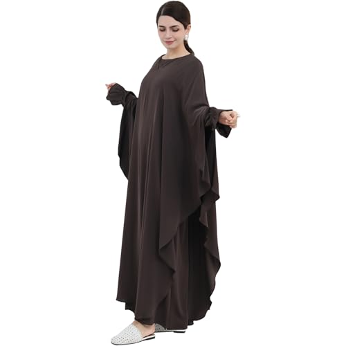 2PCS Women's Muslim Abaya Dress Lace Cuffs Islamic Dubai Prayer Robe Smooth Flowy Muslim Women Clothes - color: Dark Coffee, size: Medium