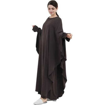 2PCS Women's Muslim Abaya Dress Lace Cuffs Islamic Dubai Prayer Robe Smooth Flowy Muslim Women Clothes - color: Dark Coffee, size: Large