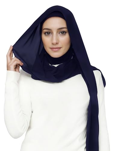 Lina & Lily Flowy Chiffon Instant Hijab Scarf Attached Jersey Ninja Undercap Full Coverage for Muslim Women - color: Navy Blue