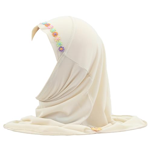 Girls Instant Hijab – Soft Kids Muslim Scarf with Flower, Breathable One-Piece Headscarf for Toddlers Age 2-8 - color: Small Flower-cream