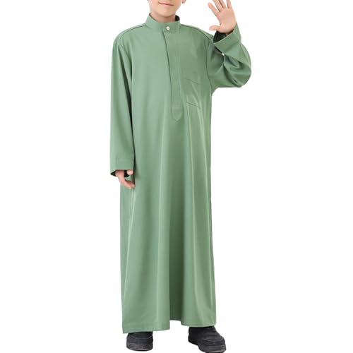 Boys Muslim Abaya Thobe Long Sleeve Cotton Islamic Prayer Kaftan Clothes Teen Kids Ramadan Plain Soft Festive Thobe - color: Green, size: 5-6 Years