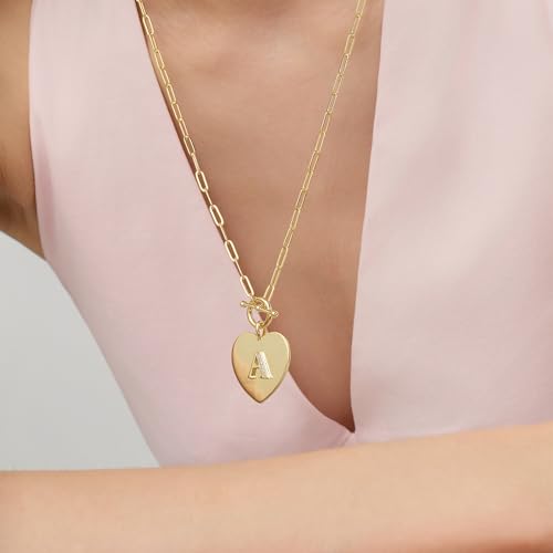 14K Gold Filled Heart Initial Necklace for Women, Dainty Alphabet Pendant Necklace with Paperclip Chain, Hypoallergenic Jewelry Gift for Her - color: Letter J