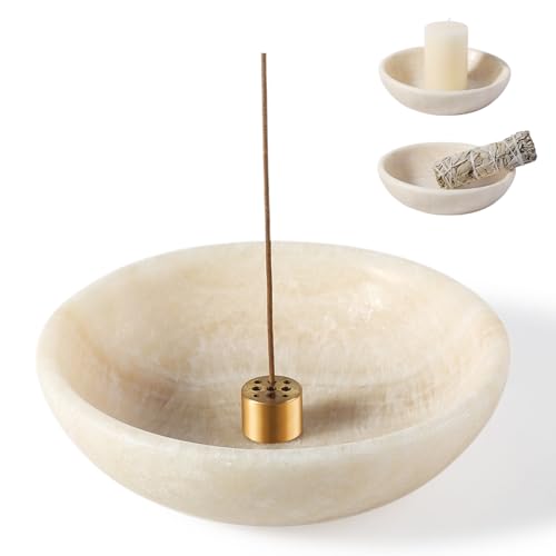 Koville Natural Marble Incense Holder, Incense Holder for Sticks with 9 Holes, Handmade Incense Burner Ash Catcher for Meditation Yoga SPA, Balsam Fir/Palo Santo/Sage/Cone(Ivory) - color: D=150-ivory