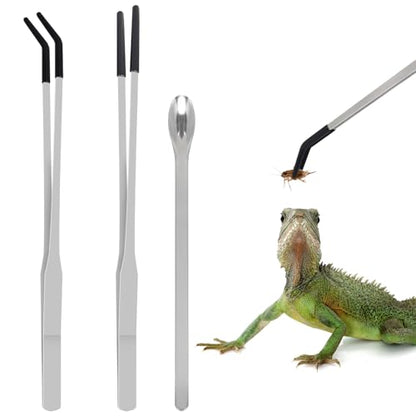 LIQALU 3 Pcs Long Aquarium Tweezers Reptile Feeding Tongs Tool for Lizards | Straight and Curved Tweezers-10.63", Spoon-8.54" Stainless Steel Feeding Tools, for Bearded Dragons, Snakes, Tank Accessories