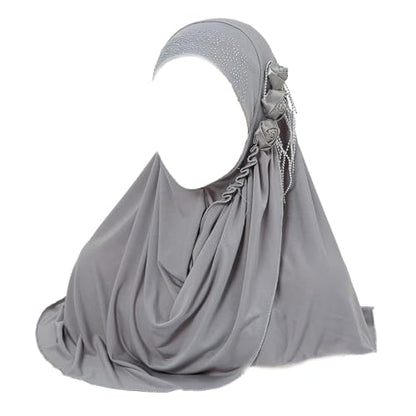 Women Soft One Piece Hijab Long Muslim Turban Islamic Full Head Scarf - color: 3 Flowers/Grey