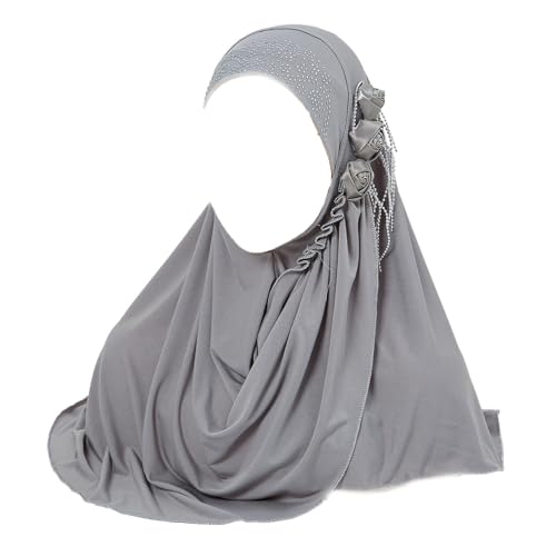 Women Soft One Piece Hijab Long Muslim Turban Islamic Full Head Scarf - color: 3 Flowers/Grey