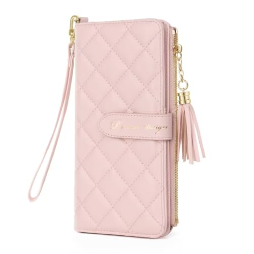 Leather Passport Wallet for Women, RFID Organizer with AirTag & Wristlet - color: Pink Ultra